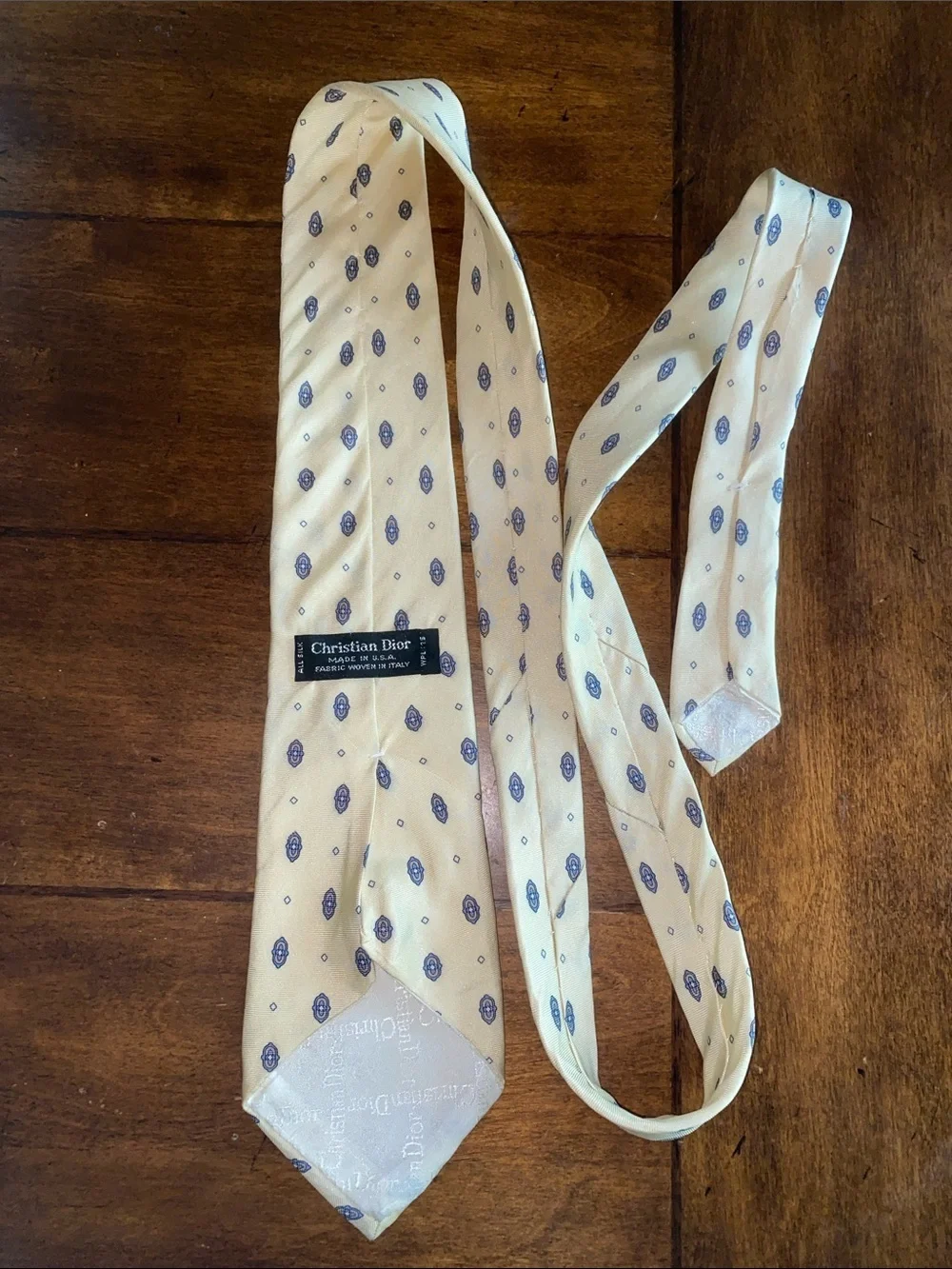 Christian Dior 100% Silk Tie Cream with Blue Medallion Motif